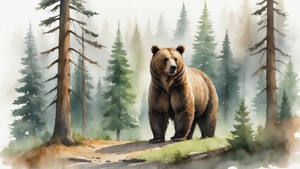 Brown bear standing majestically in a misty forest environment, watercolor illustration