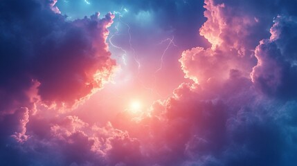 Fototapeta premium Dramatic sunset sky with lightning bolts and clouds.