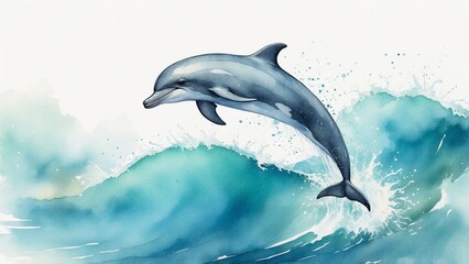 Obraz premium Graceful dolphin jumping over ocean waves in a dynamic pose, watercolor illustration