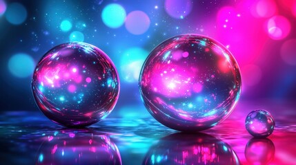 abstract background with glowing spheres, vibrant fuchsia and cyan hues, glossy and reflective surfaces,