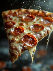 A Single Slice of Pepperoni Pizza with Dripping Cheese and Sprinkles of Water