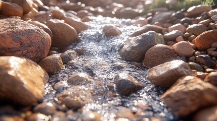 Closeup of a small stream flowing over smooth, round rocks.