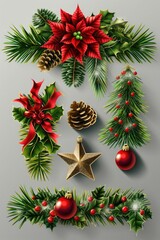 Decorations for Christmas celebration on a neutral gray background