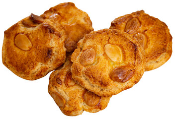 Sweet crispy cookies with almonds served for dessert. Isolated over white background
