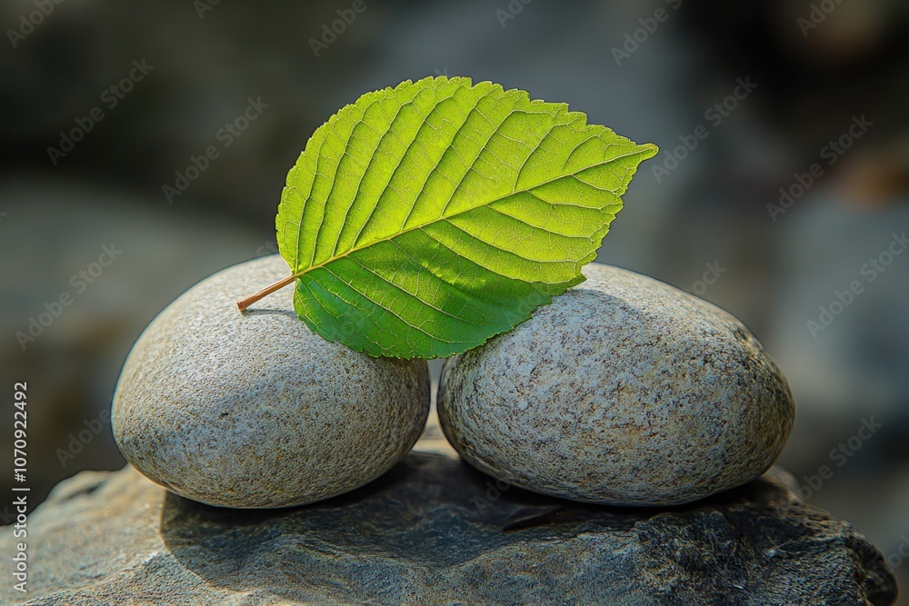Poster a pair of rocks with a single leaf placed on top, perfect for use in nature-inspired designs or as a