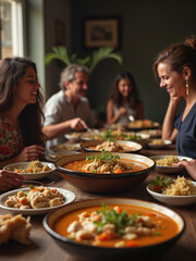 tiracial family gathered around a table to enjoy a traditional Chilean meal of hearty soup made with chicken and vegetables served in deep bowls