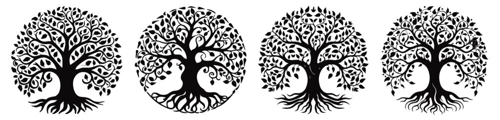decorative tree of life silhouettes with roots, black vector art
