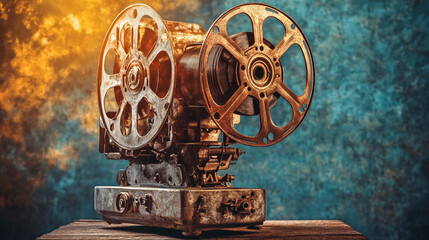 Obraz premium Vintage Film Projector With Reels on Wooden Table