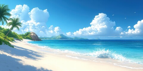 Fototapeta premium Tropical Beach Paradise with Palm Trees and Crystal Blue Ocean Waves Under Sunny Sky and Fluffy Clouds for Relaxation and Travel Inspiration