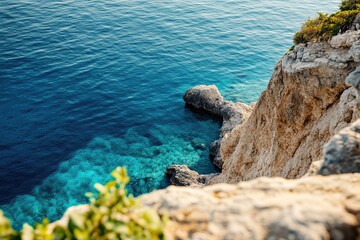 A stunning view of the ocean from the top of a cliff, perfect for use in travel or nature-related designs
