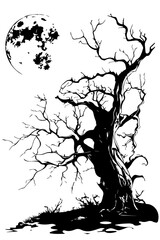 spooky tree silhouette with twisted branches and full moon, black vector