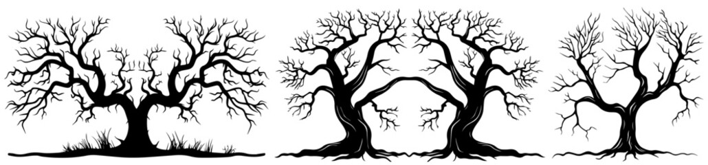 bare tree silhouettes with twisted branches and unique shapes, black vector