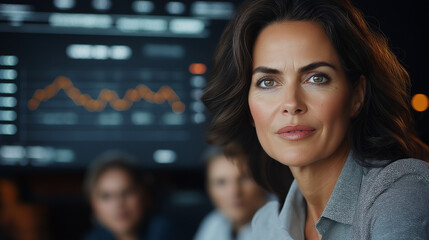 A detailed photo of a female executive leading a discussion in a conference room, with charts and graphs displayed on a screen behind her. Her team is actively engaged, taking note