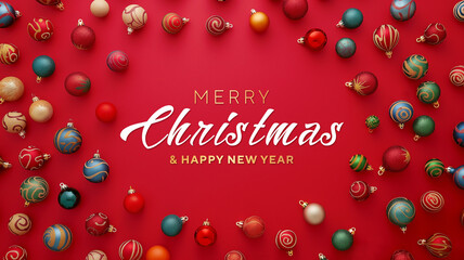 Merry Christmas and Happy New Year. Christmas background, top view. Composition of multicolored Christmas balls on red background. Holiday background. Christmas tree toys on bright background