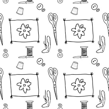 Sew scissors needlework doodle pattern vector art