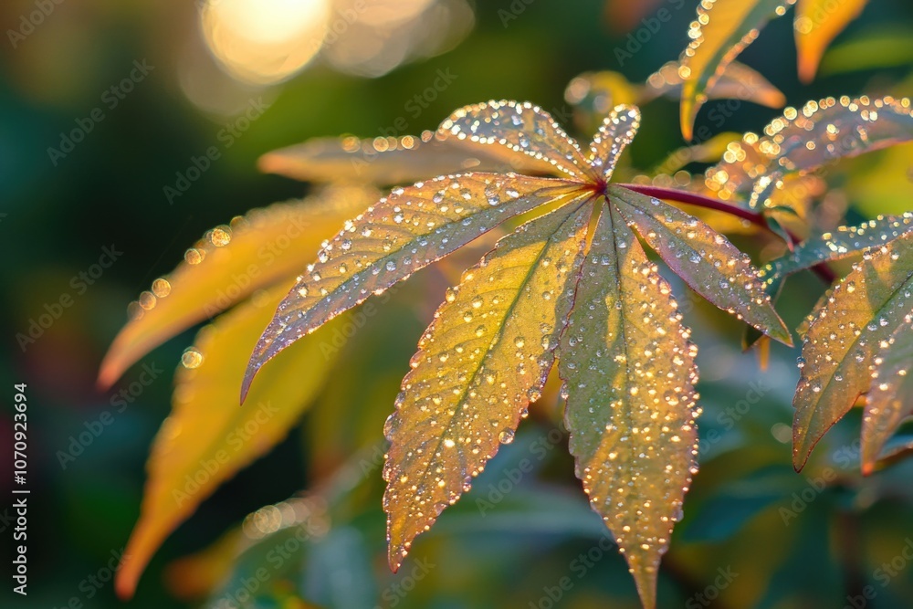 Poster close-up view of a leaf with water droplets, ideal for use in nature or science contexts