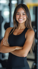 Fototapeta premium Confident young woman in gym exudes joy, radiating happiness and embodying healthy, active lifestyle