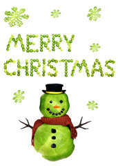 Brussel sprouts spell Merry Christmas, with sprout snow flakes and a happy sproutman