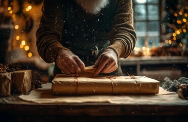 Santa Claus Wrapping Christmas Gifts at Home by the Fireplace