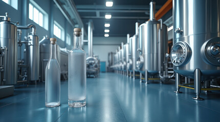Modern vodka distillation process in a sleek facility with glass bottles