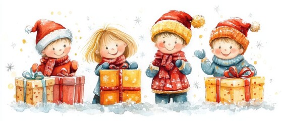 Obraz premium A cheerful illustration of four children in winter attire, joyfully holding colorful gift boxes against a snowy backdrop.