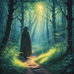 Enchanting Impressionist Forest: Dawn Light, Solitary Figure, and Luminescent Footprints