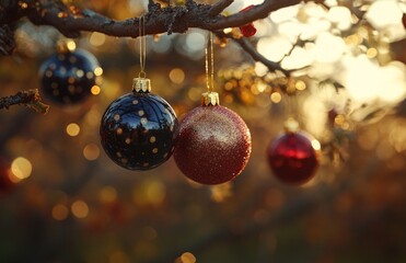 Obraz premium Hanging Ornaments on a Tree in Red, Gold, and Black