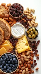 Delicious Assortment of Cheeses, Berries, Nuts, and Bread: Gourmet Platter with Blueberries, Olives, and Raisins for Ultimate Snack Board Experience