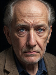 Obraz premium Create a photorealistic portrait of an elderly man from Eastern Europe with deep wrinkles and a wise, melancholic expression.