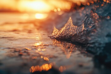 Close-up shot of an icy piece found on a sandy beach, suitable for use in environmental or scientific illustrations