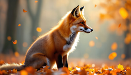 Obraz premium a realistic depiction of a fox sitting amidst autumn leaves in a forest setting
