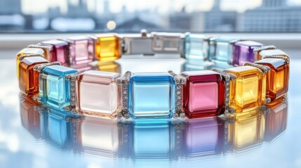 Colorful gemstone bracelet with silver clasp.