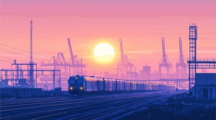 Obraz premium Rail and Port Connection with soft pastel gradients of dawn or dusk sky behind industrial port cranes, trains moving along tracks in the foreground, negative space for copy.