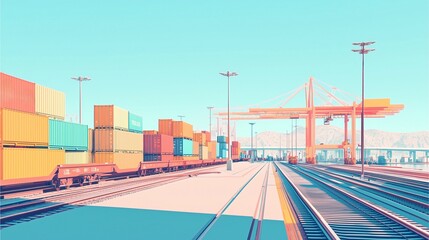 Rail and Port Connection with pastel-colored trains loaded with containers moving towards a bustling harbor, incorporating a minimalistic style with ample open space for promotional text.