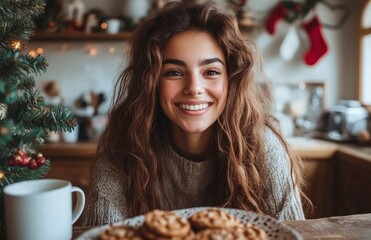 Happy young woman eating cookies at kitchen table during Christmas with fir tree branches