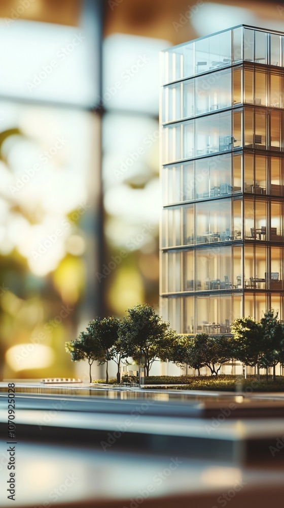 Poster modern glass skyscraper model illuminated at dusk, showcasing sleek architectural design with multip