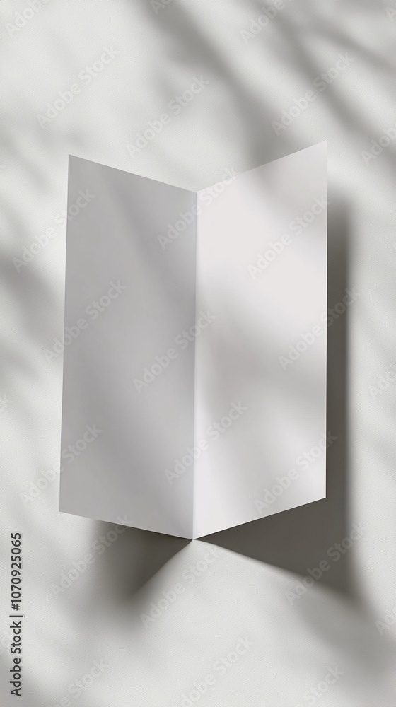 Poster minimalist white folded paper card standing on edge, casting soft shadows on textured surface. clean