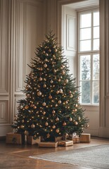 Beautifully Decorated Christmas Tree with Lights and Ornaments in Empty Room