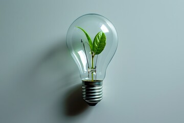 Small green plant growing inside a light bulb on a gray background. Conceptual art symbolizing renewable energy, growth, and environmental consciousness. Design for eco campaigns and sustainable ideas
