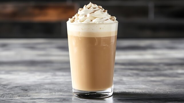 A frothy vanilla iced latte with whipped cream, in a stylish café setting with room for text