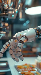 Obraz premium Futuristic robotic hand reaching out in a high-tech laboratory environment, illuminated by soft ambient lighting. Cutting-edge artificial intelligence and robotics technology on display.