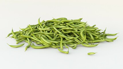 A pile of fresh green beans on a white background.