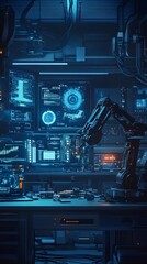 Fototapeta premium A futuristic laboratory with advanced robotic arms and holographic displays, showcasing the power of AI technology in industrial design and product development