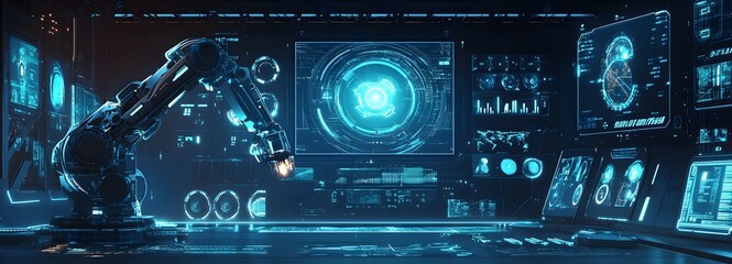 Fototapeta premium A futuristic laboratory with advanced robotic arms and holographic displays, showcasing the power of AI technology in industrial design and product development