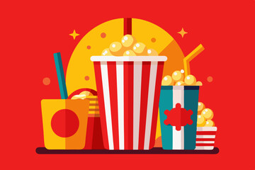 Movie Popcorn and Drink Combo - Cinema Snack Illustration. Movie Night Popcorn and Soda Illustration - Cinema Snack Vector. Pop corn snack and soda beverage in red cup with ice cubes splash and flying