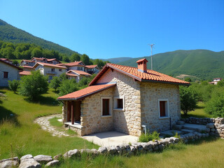Traditional stone houses and scattered trees in the rural village of Dolovi Montenegro are showcased against a bright blue sky