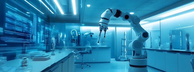 A futuristic laboratory with advanced robotic arms and holographic displays, showcasing the power of AI technology in industrial design and product development