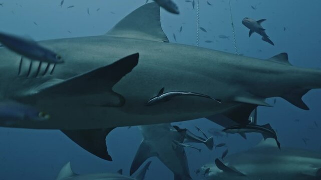 Shark diving safari tourism. Divers feed school of sharks in underwater marine wildlife of Pacific Ocean. .Close-up gray bull sharks and colorful fish swimming, feeding underwater in ocean of Tonga.