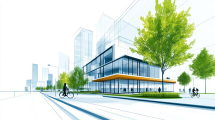 A modern city with skyscrapers and green trees, with a cyclist passing by in the foreground.