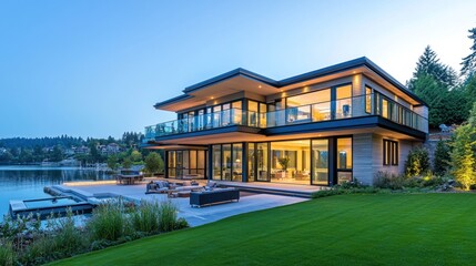 Naklejka premium Modern lakeside home featuring large windows and a spacious patio.